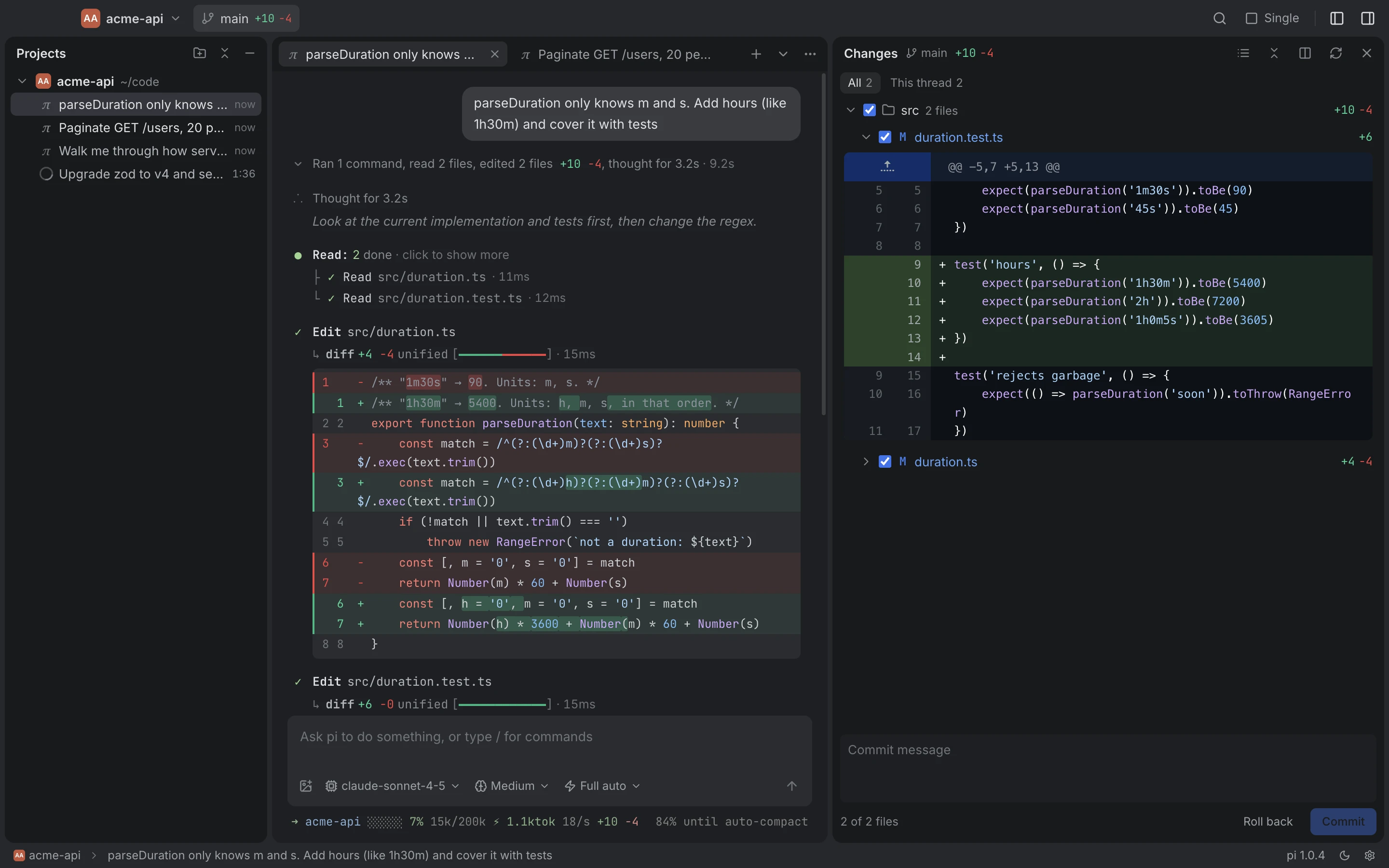 Pi's main window: the project tree on the left, a thread's conversation and its diffs in the middle, the changes panel listing the changed files on the right